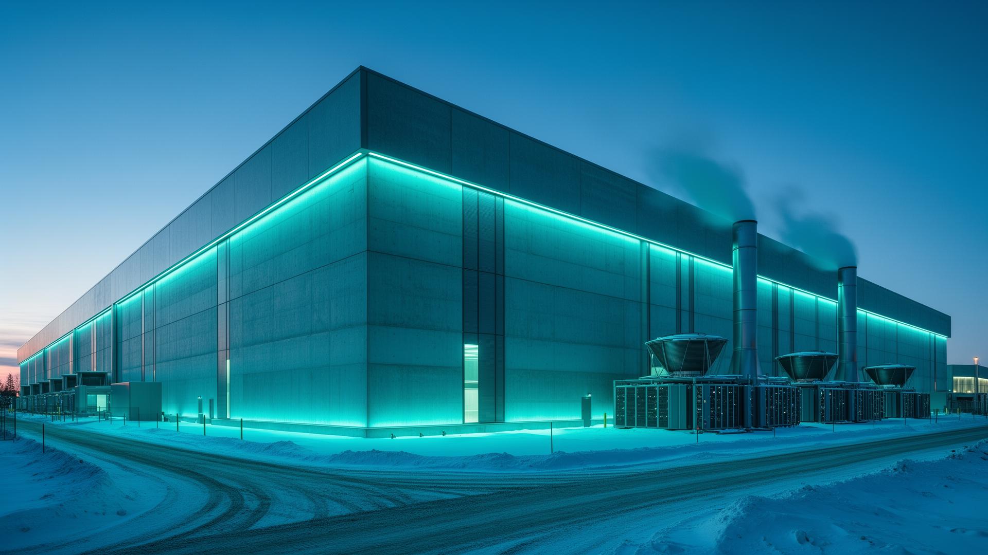 Data center exterior at blue hour