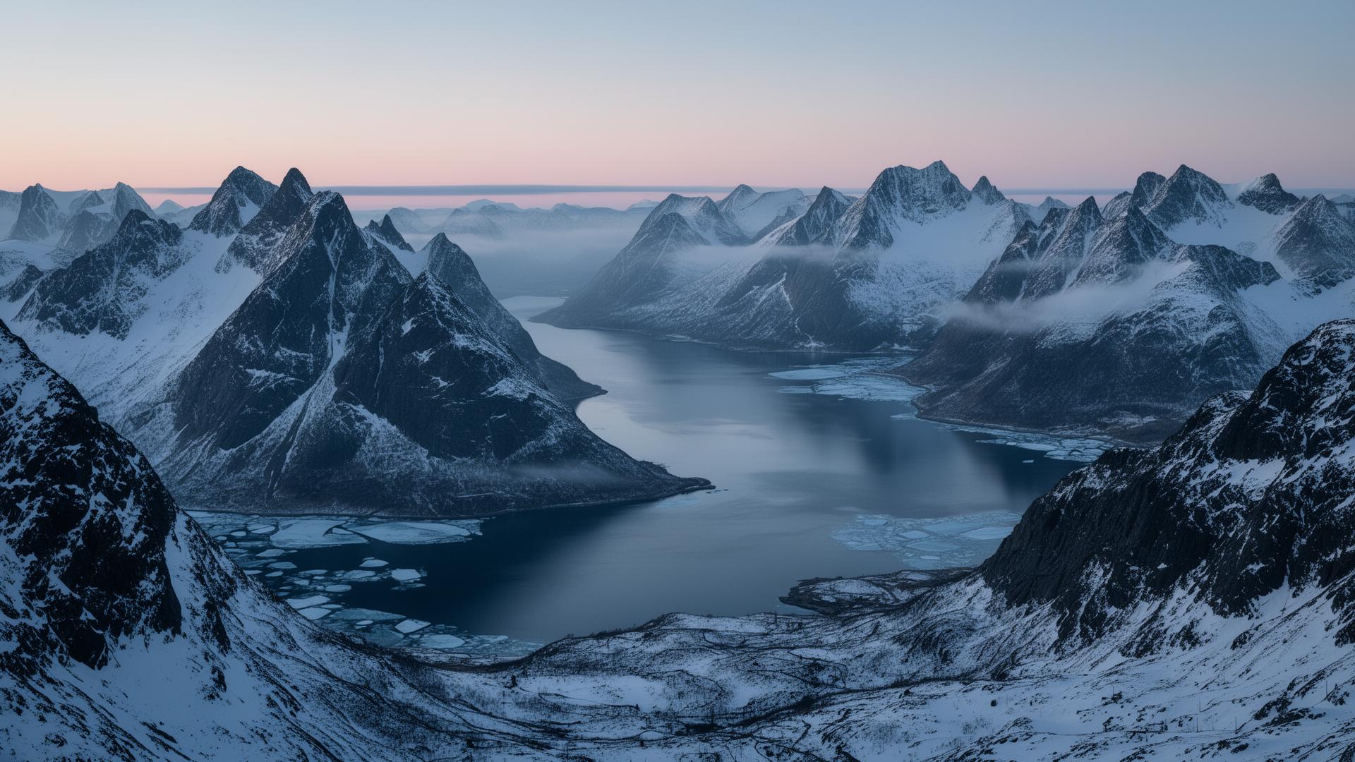 Snow-covered Nordic mountains and fjord at dawn