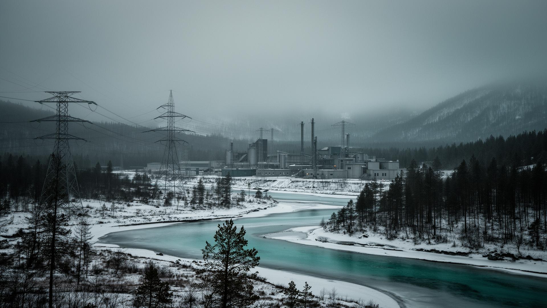 Industrial site beside a frozen Nordic river